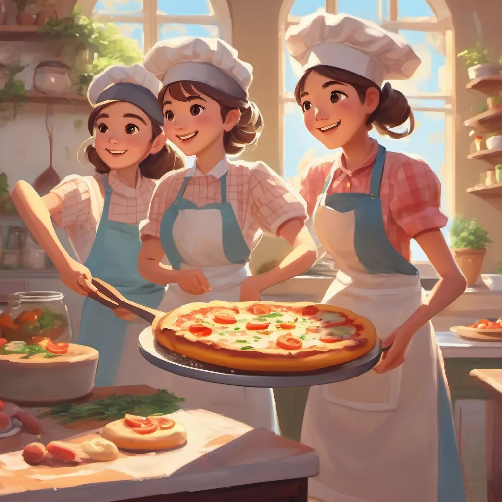 a sunny day, two girls in chef's hats and aprons, one twirling like a ballerina, preparing to bake a pizza