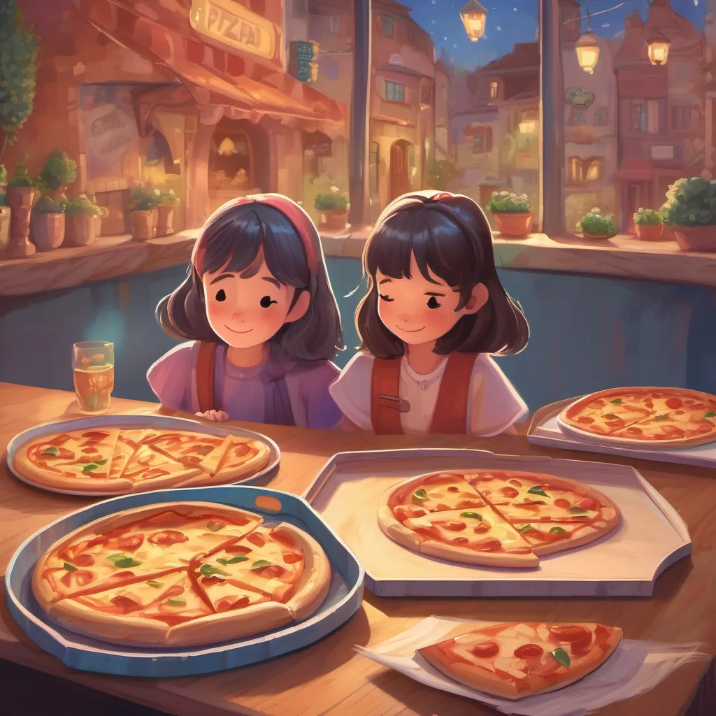 two girls hugging, with an empty pizza tray, showing sharing and caring and a background of a whimsical Cheesyville