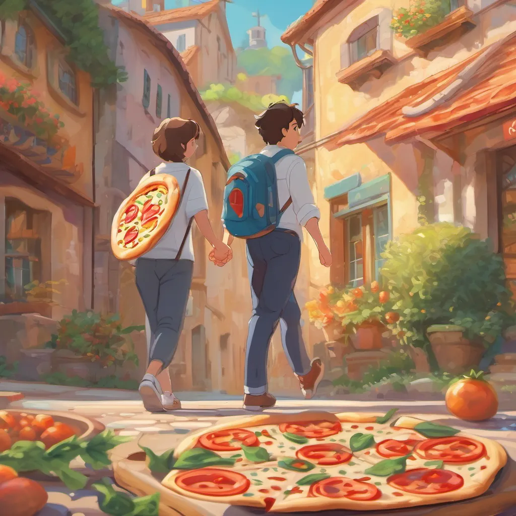 two friends walking away happily, holding hands with math symbols and pizza slices in the background