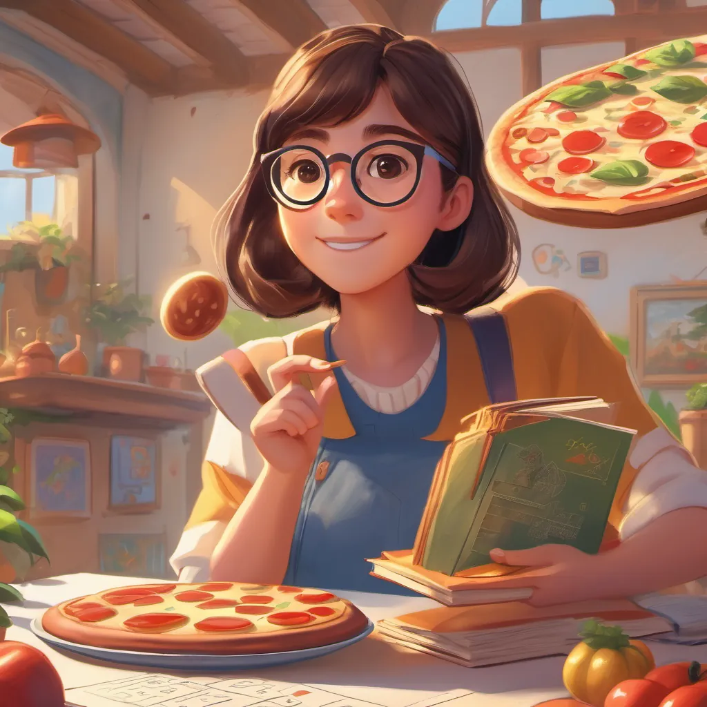a girl with glasses and a math book, explaining the ratio while pointing to a giant pizza