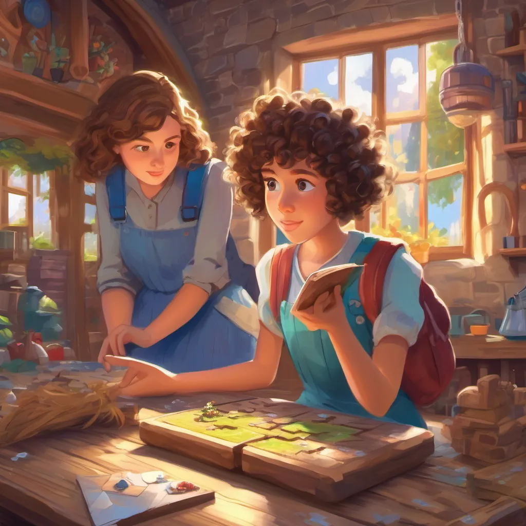 a girl with curly hair looking puzzled, holding a jigsaw piece while her friend explains the ratio