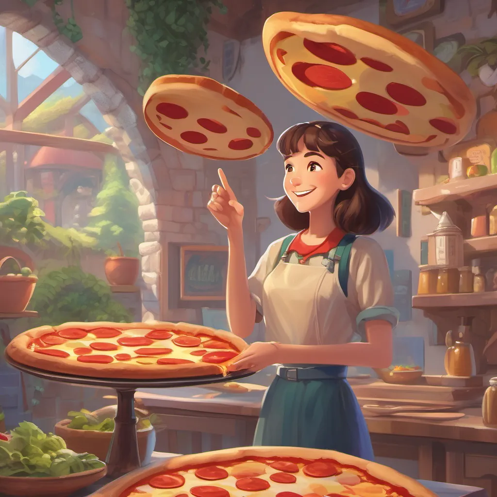 a girl smiling wide, pointing to a giant pizza and explaining the ratio of slices