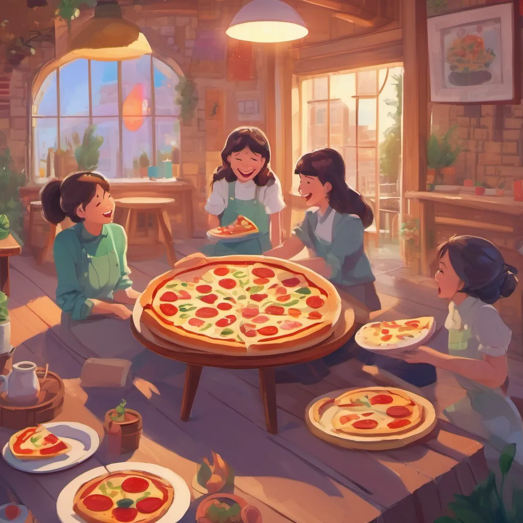 a pizza divided into slices resembling a pie chart, with the girls laughing and taking their slices