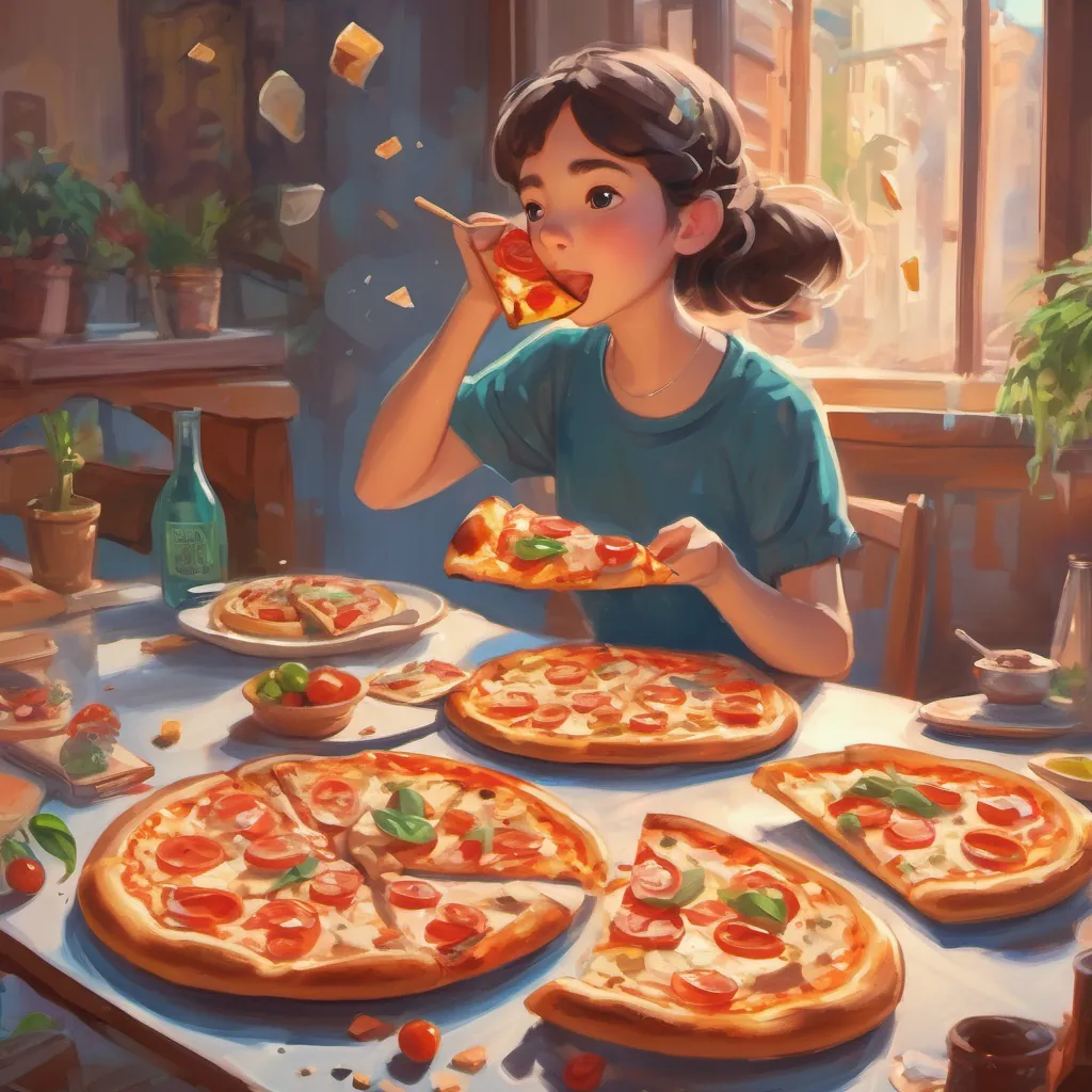 a girl munching on a pizza slice, with numbers floating around her head, complimenting her friend