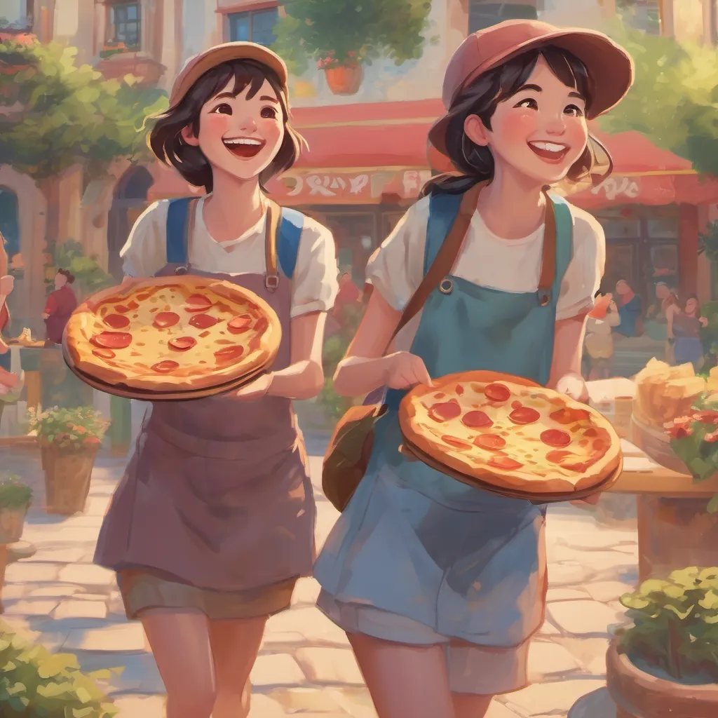 two girls laughing with big, cheesy grins, holding their pizza slices with a crispy crust