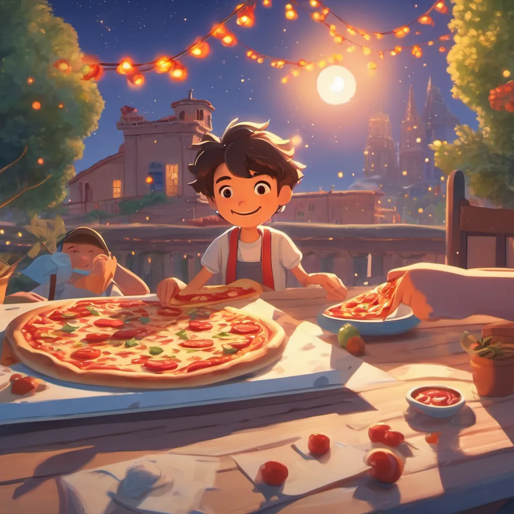 two friends finishing their pizza under a sunny sky, with a bright atmosphere and tomato stars twinkling in the background