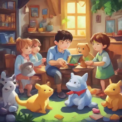 Sharing toys with friends, fun playtime, everyone joyful.