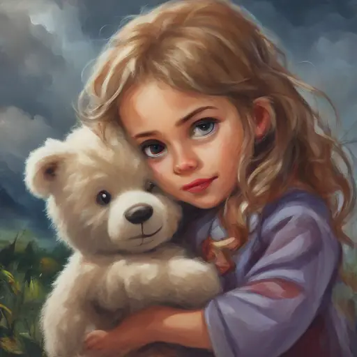 Storm comes, Marta protects her scared teddy bear.