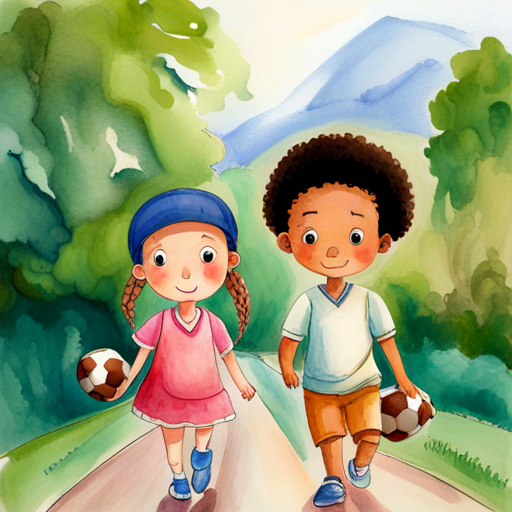 Curly-haired boy who loves playing football and Girl with two braided pigtails who loves painting walking hand in hand