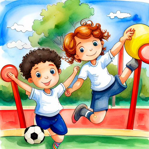 Curly-haired boy who loves playing football and Girl with two braided pigtails who loves painting playing in a colorful playground