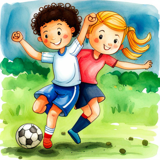 Curly-haired boy who loves playing football and Girl with two braided pigtails who loves painting supporting each other with smiling faces
