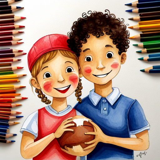 Curly-haired boy who loves playing football and Girl with two braided pigtails who loves painting laughing while sharing a secret