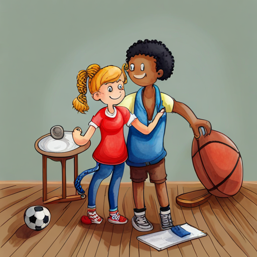 Girl with two braided pigtails who loves painting happily talking to Curly-haired boy who loves playing football on the phone