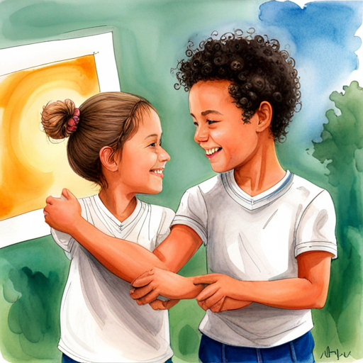 Curly-haired boy who loves playing football and Girl with two braided pigtails who loves painting smiling while looking at each other's picture