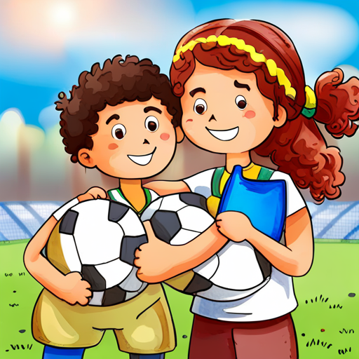 Curly-haired boy who loves playing football surprising Girl with two braided pigtails who loves painting with a big hug