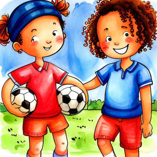 Curly-haired boy who loves playing football and Girl with two braided pigtails who loves painting holding hands with big smiles