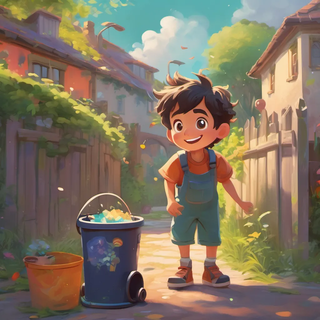 A young boy named A happy young boy with messy hair and bright eyes, in a colorful and playful yard playing in his yard, with a magical talking trash can appearing.