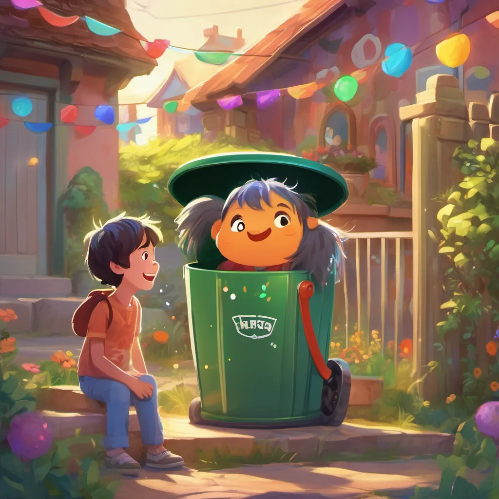 A whimsical trash can named A magical talking trash can with a cheerful expression, emitting whimsical glowing lights talking to A happy young boy with messy hair and bright eyes, in a colorful and playful yard with a cheerful voice.