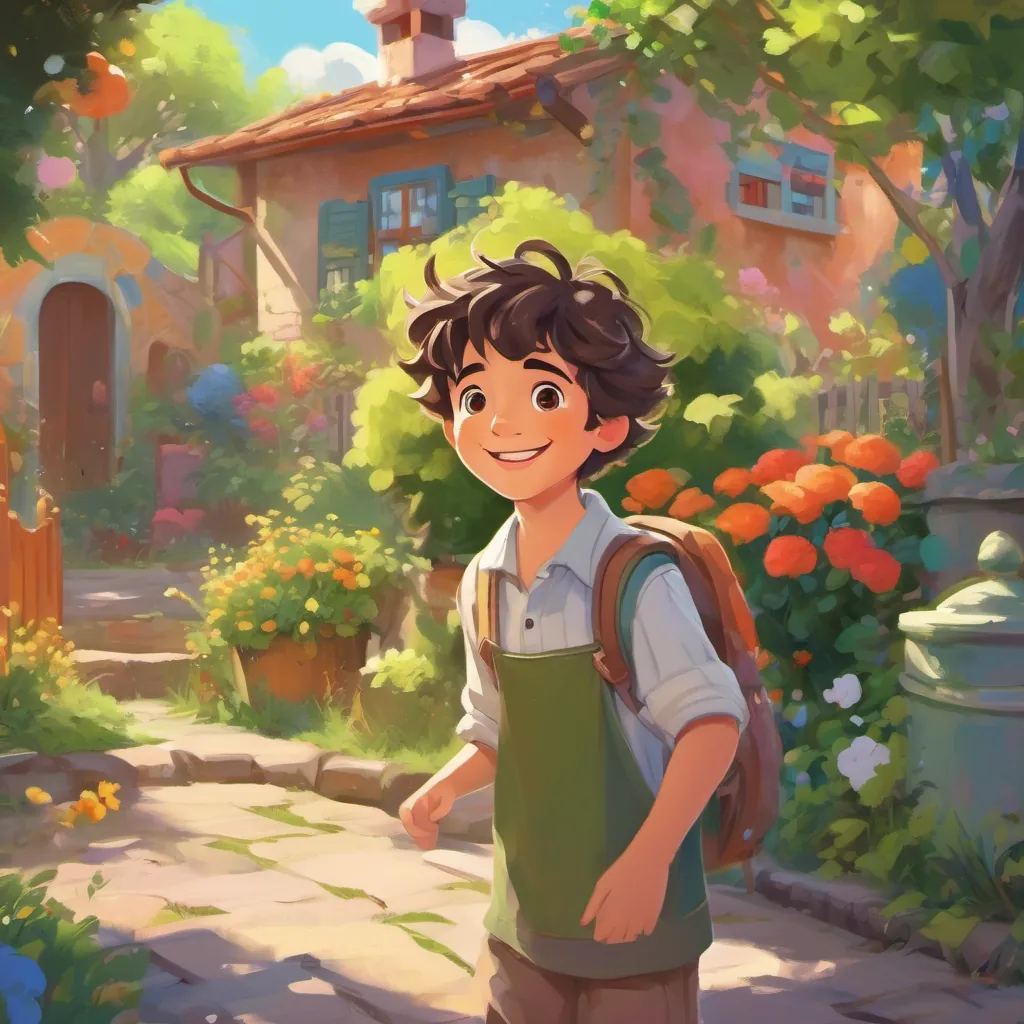 A happy young boy with messy hair and bright eyes, in a colorful and playful yard understanding the importance of cleanliness and looking happily at his clean yard.