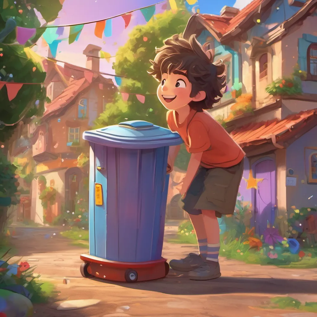 A happy young boy with messy hair and bright eyes, in a colorful and playful yard and A magical talking trash can with a cheerful expression, emitting whimsical glowing lights the trash can spreading joy and cleanliness together in different places.