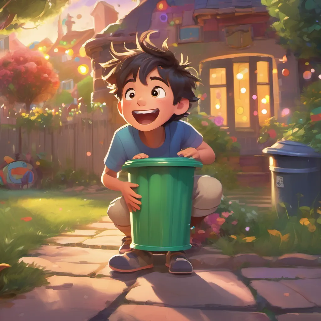 A happy young boy with messy hair and bright eyes, in a colorful and playful yard looking surprised and excited as he talks to A magical talking trash can with a cheerful expression, emitting whimsical glowing lights the trash can.