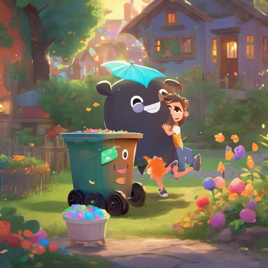 A magical talking trash can with a cheerful expression, emitting whimsical glowing lights the trash can inviting A happy young boy with messy hair and bright eyes, in a colorful and playful yard to clean up and have fun together.