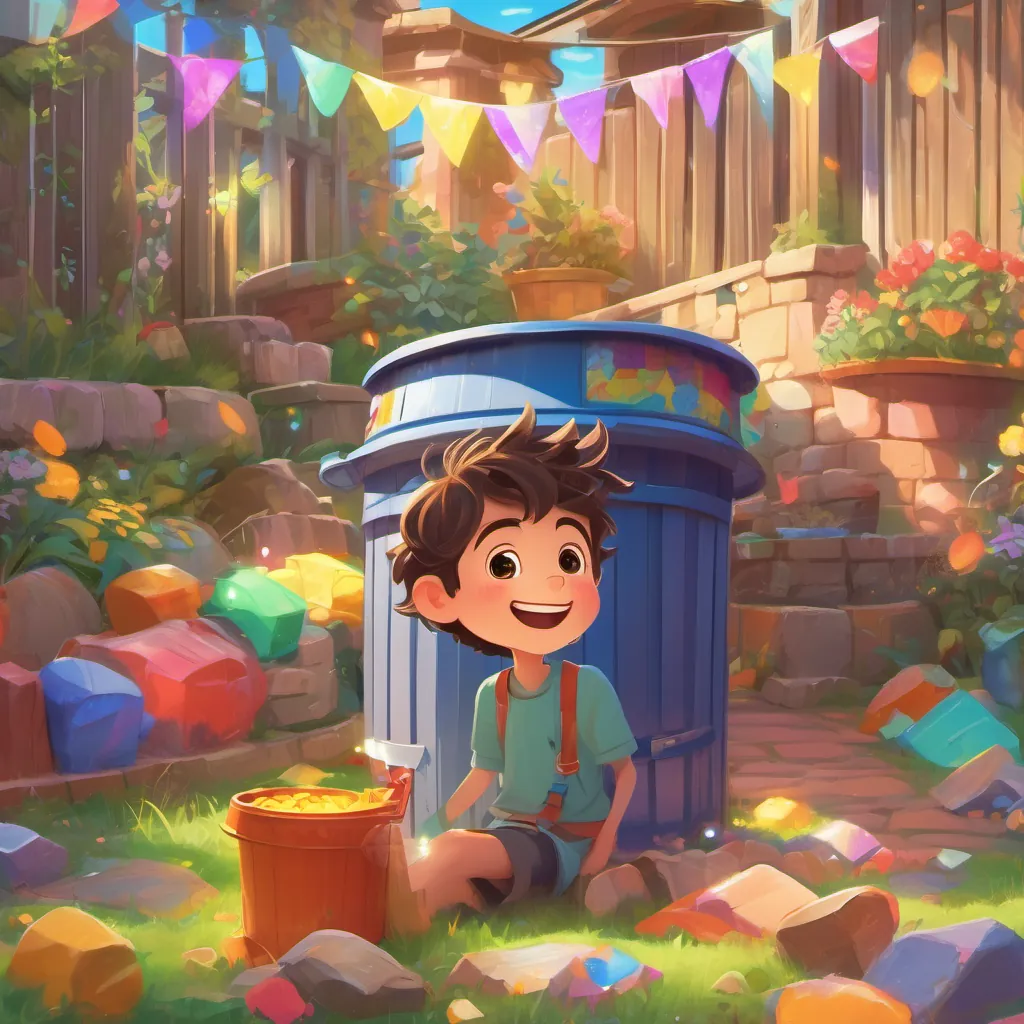 A happy young boy with messy hair and bright eyes, in a colorful and playful yard and A magical talking trash can with a cheerful expression, emitting whimsical glowing lights happily picking up litter, with colorful, whimsical actions.
