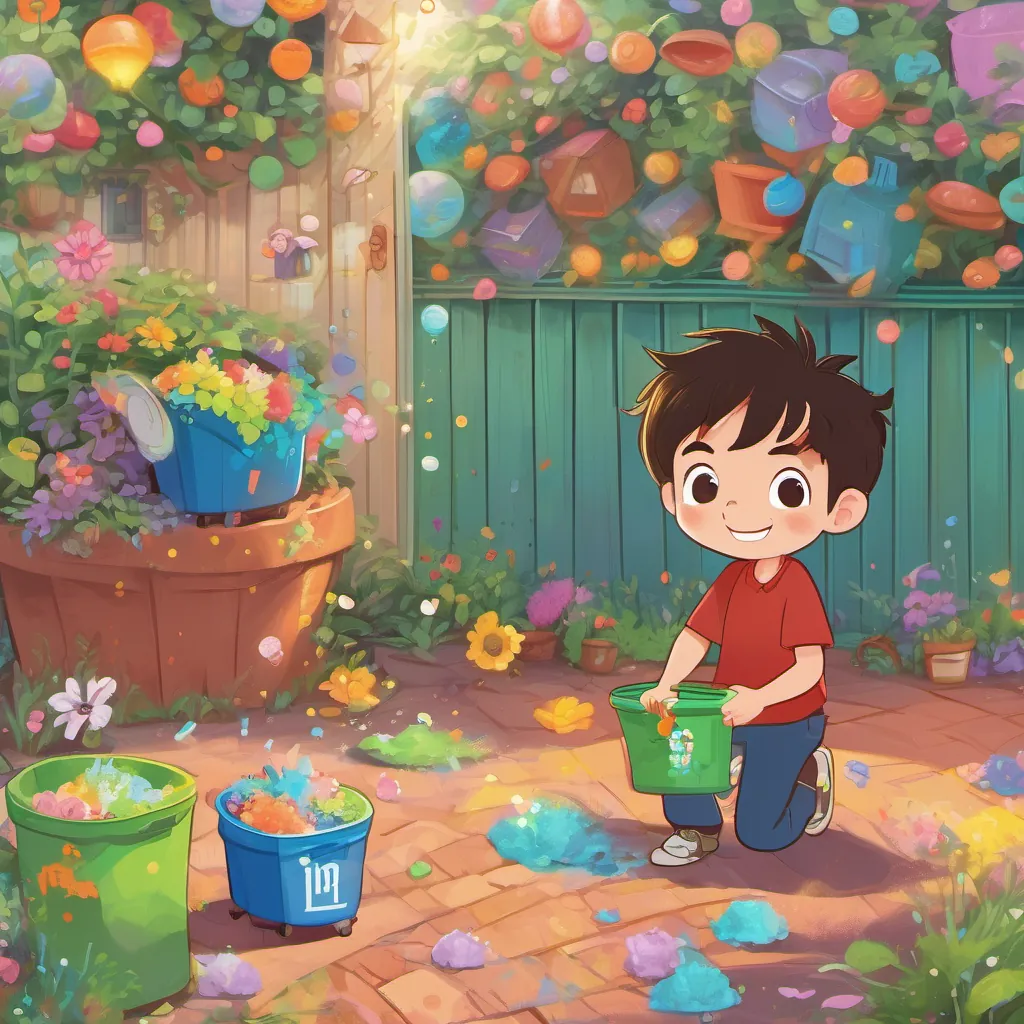 A happy young boy with messy hair and bright eyes, in a colorful and playful yard and A magical talking trash can with a cheerful expression, emitting whimsical glowing lights finding interesting items while cleaning up, with A magical talking trash can with a cheerful expression, emitting whimsical glowing lights playfully spinning them.