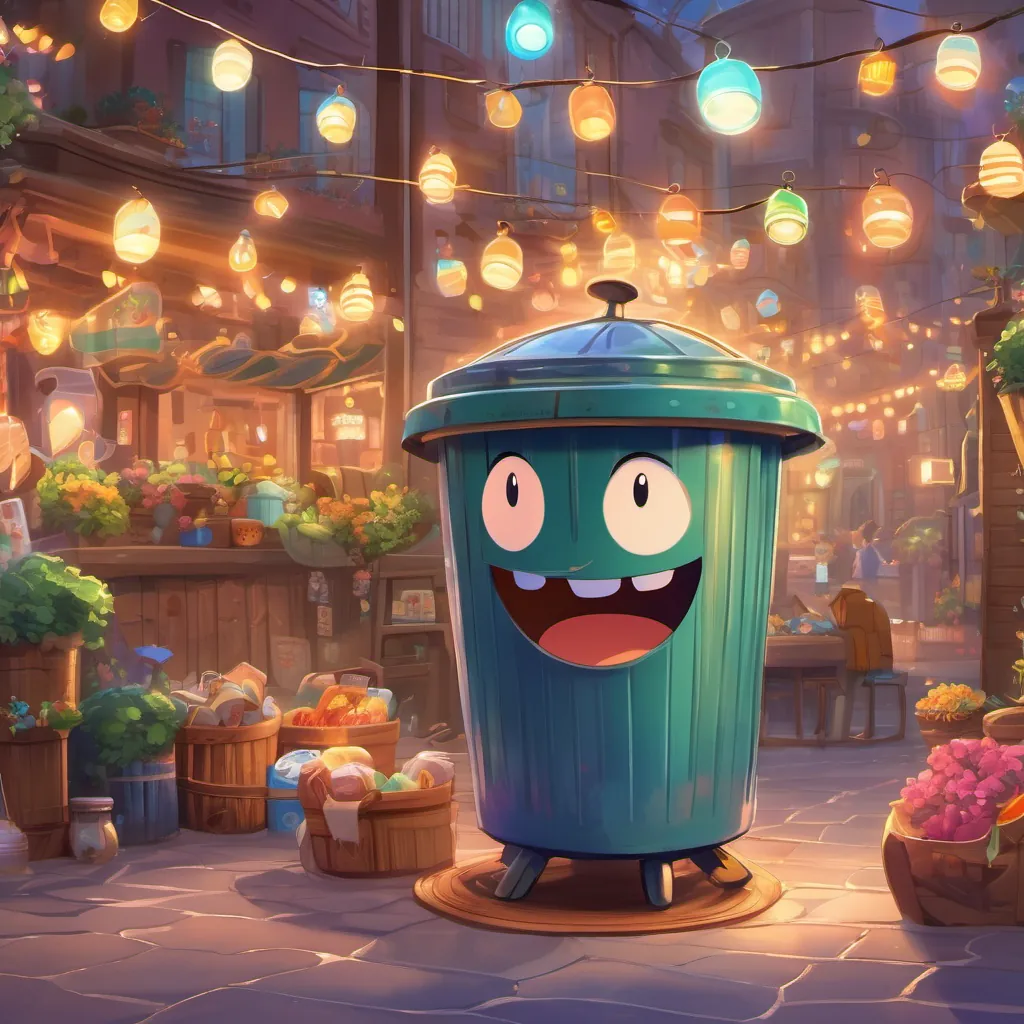 A magical talking trash can with a cheerful expression, emitting whimsical glowing lights the trash can cheerfully explaining how the found items can bring joy.