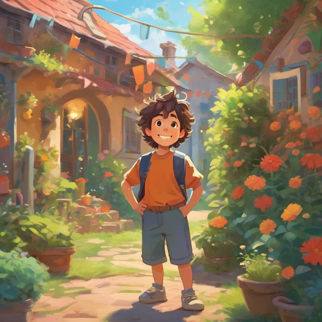 A happy young boy with messy hair and bright eyes, in a colorful and playful yard standing proudly in a clean yard, with a big smile on his face.
