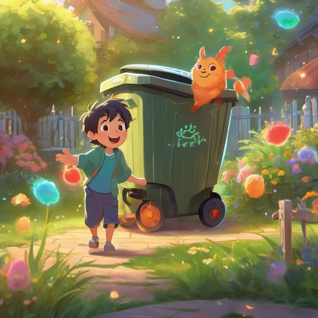 A magical talking trash can with a cheerful expression, emitting whimsical glowing lights the trash can glowing softly, thanking A happy young boy with messy hair and bright eyes, in a colorful and playful yard for his efforts.