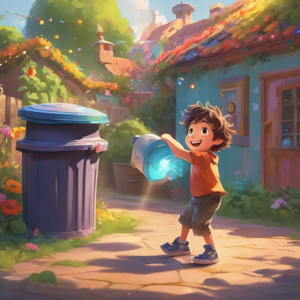 A happy young boy with messy hair and bright eyes, in a colorful and playful yard hugging A magical talking trash can with a cheerful expression, emitting whimsical glowing lights the trash can, dancing joyfully together.