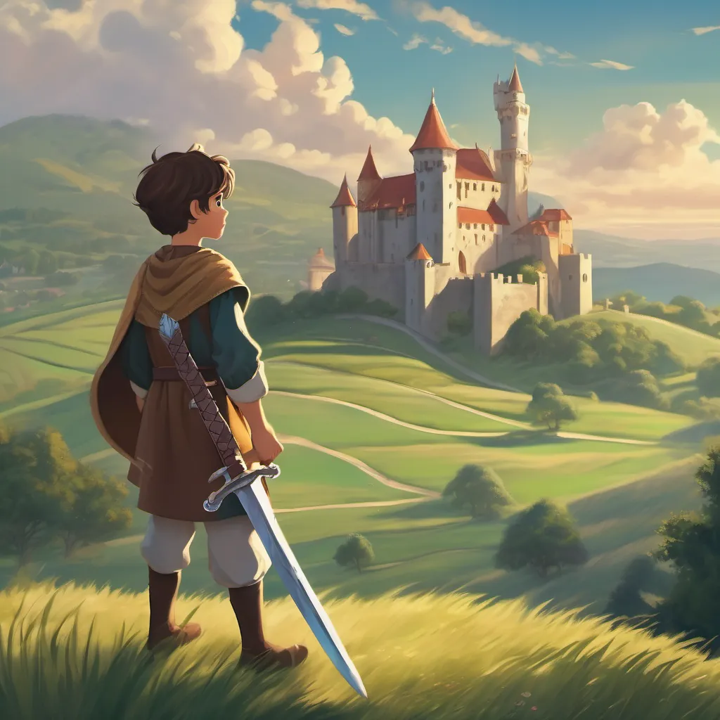 young young prince in medieval attire with a sword, kind eyes, and a spirited demeanor in medieval attire, holding a sword, standing on a grassy hill overlooking a distant castle 