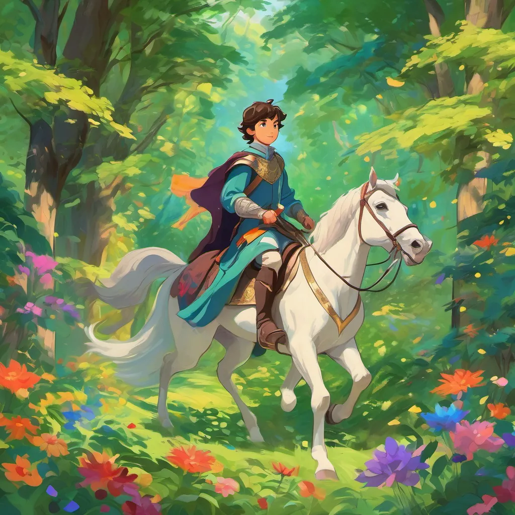 young prince in medieval attire with a sword, kind eyes, and a spirited demeanor riding a horse through a vibrant forest, trees with bright green leaves and colorful flowers