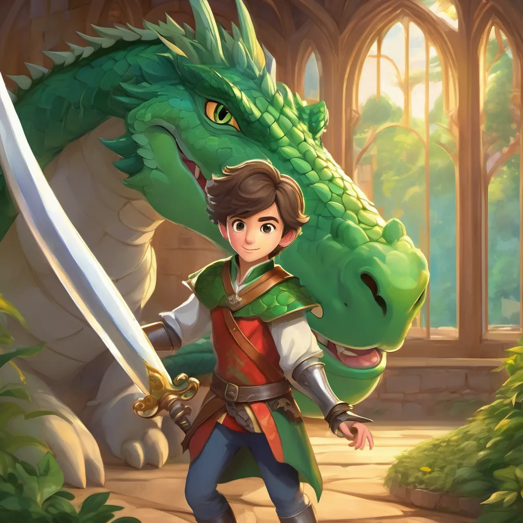 young prince in medieval attire with a sword, kind eyes, and a spirited demeanor and large, green dragon with friendly features, capable of dancing gracefully living happily together in a grand, fairy-tale castle