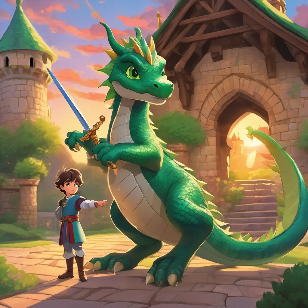 young prince in medieval attire with a sword, kind eyes, and a spirited demeanor and large, green dragon with friendly features, capable of dancing gracefully dancing in front of their castle, with a colorful sunset in the background