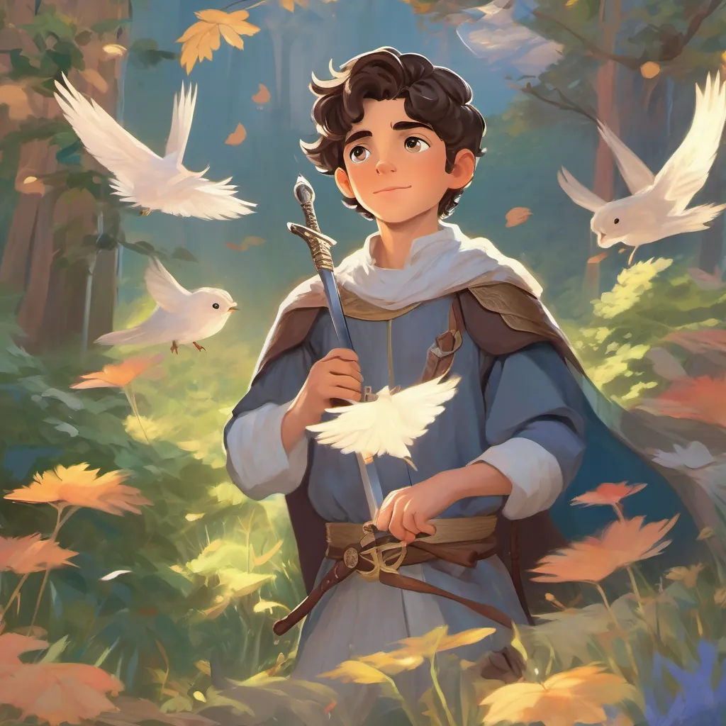 young prince in medieval attire with a sword, kind eyes, and a spirited demeanor listening to talking birds, ethereal wind characters visible around him