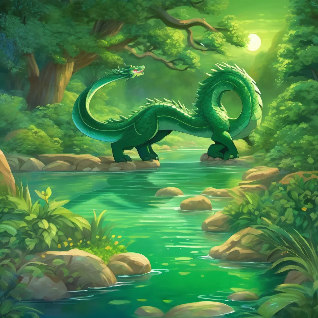 majestic green large, green dragon with friendly features, capable of dancing gracefully by a sparkling river, under a moonlit sky