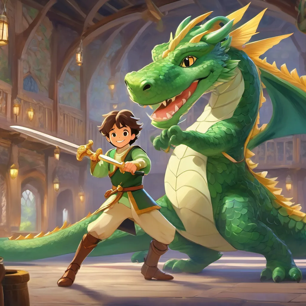 young prince in medieval attire with a sword, kind eyes, and a spirited demeanor dancing joyfully, large, green dragon with friendly features, capable of dancing gracefully looking puzzled then smiling, beginning to dance