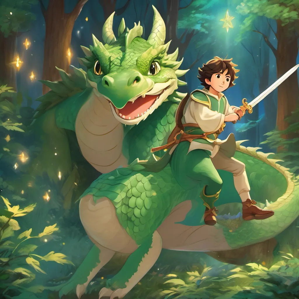 young prince in medieval attire with a sword, kind eyes, and a spirited demeanor and large, green dragon with friendly features, capable of dancing gracefully gracefully dancing under a starry sky, forest creatures watching in awe