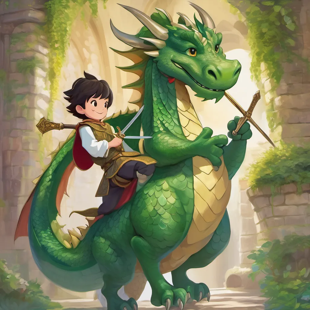large, green dragon with friendly features, capable of dancing gracefully laughing heartily, young prince in medieval attire with a sword, kind eyes, and a spirited demeanor bowing courteously