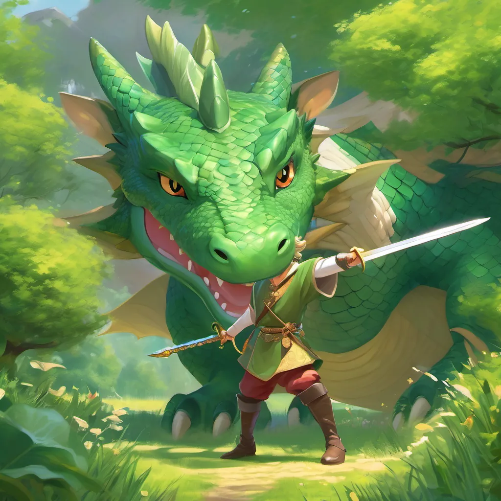 young prince in medieval attire with a sword, kind eyes, and a spirited demeanor and large, green dragon with friendly features, capable of dancing gracefully playing together in a sunny meadow