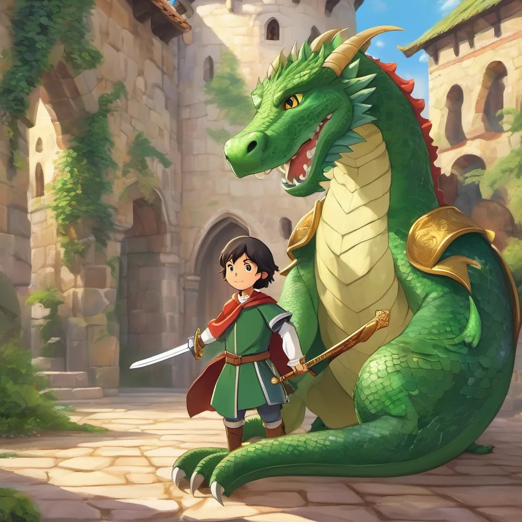 young prince in medieval attire with a sword, kind eyes, and a spirited demeanor and large, green dragon with friendly features, capable of dancing gracefully telling their story to a group of children