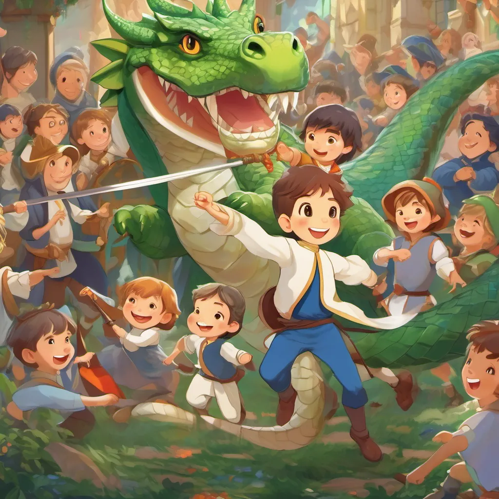 children dancing joyfully in a circle with a young prince in medieval attire with a sword, kind eyes, and a spirited demeanor and large, green dragon with friendly features, capable of dancing gracefully