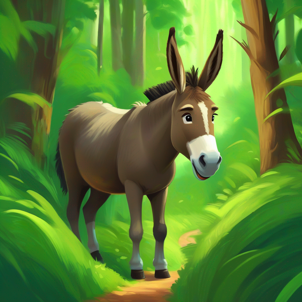 Green forest with a kind Kind and helpful donkey, brown with a big smile.