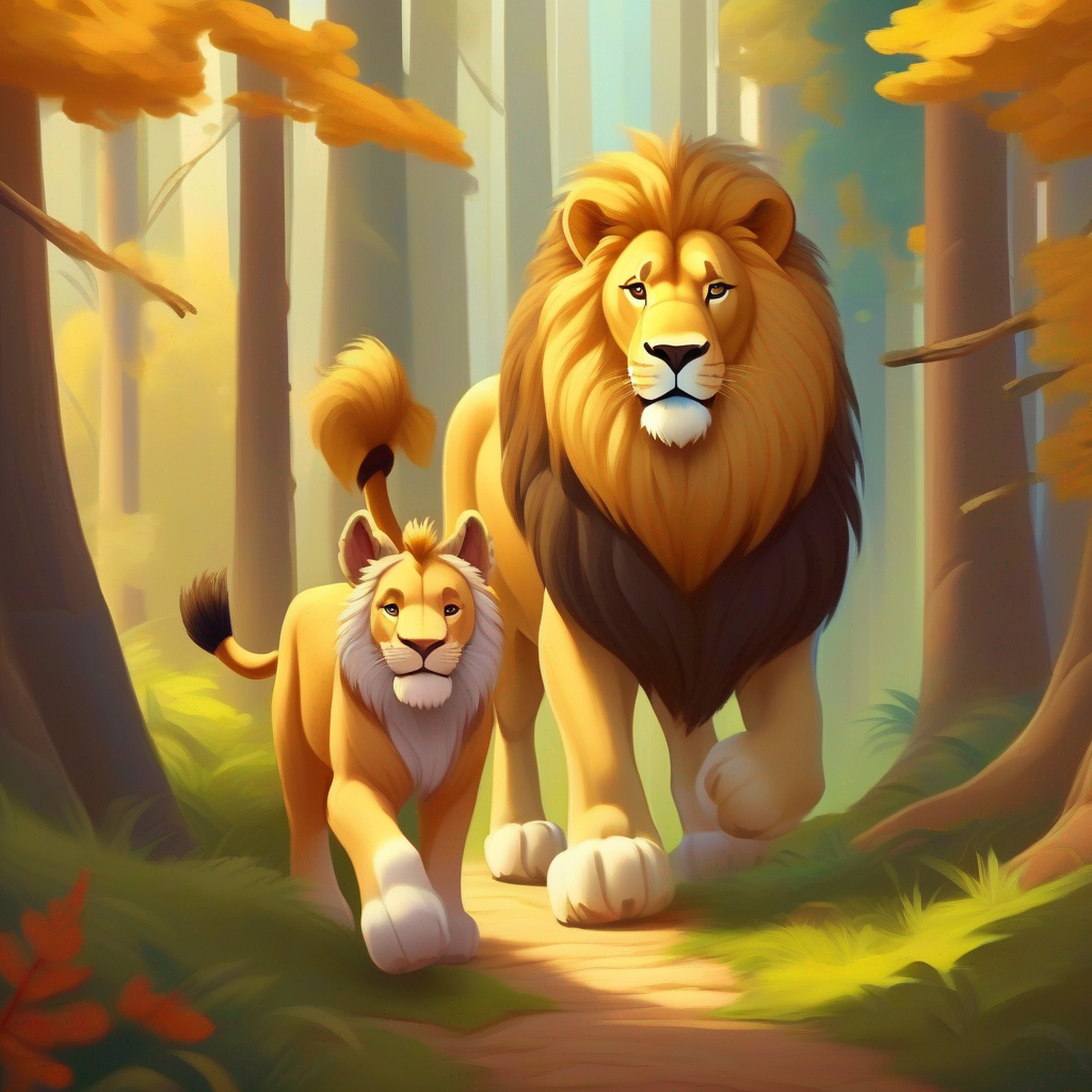 Donkey and Brave and hungry lion, golden fur and strong paws. go into the forest