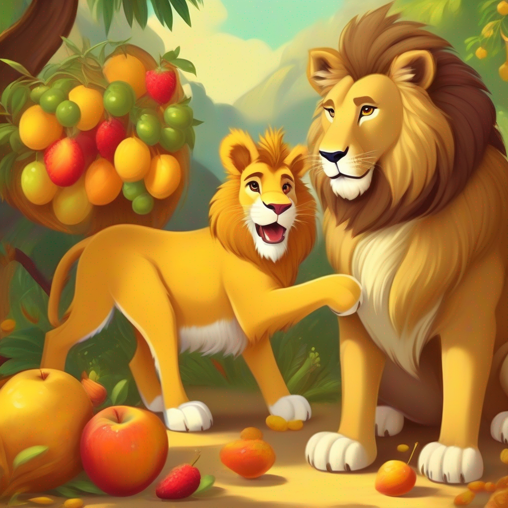 Donkey shows fruits to the Brave and hungry lion, golden fur and strong paws.