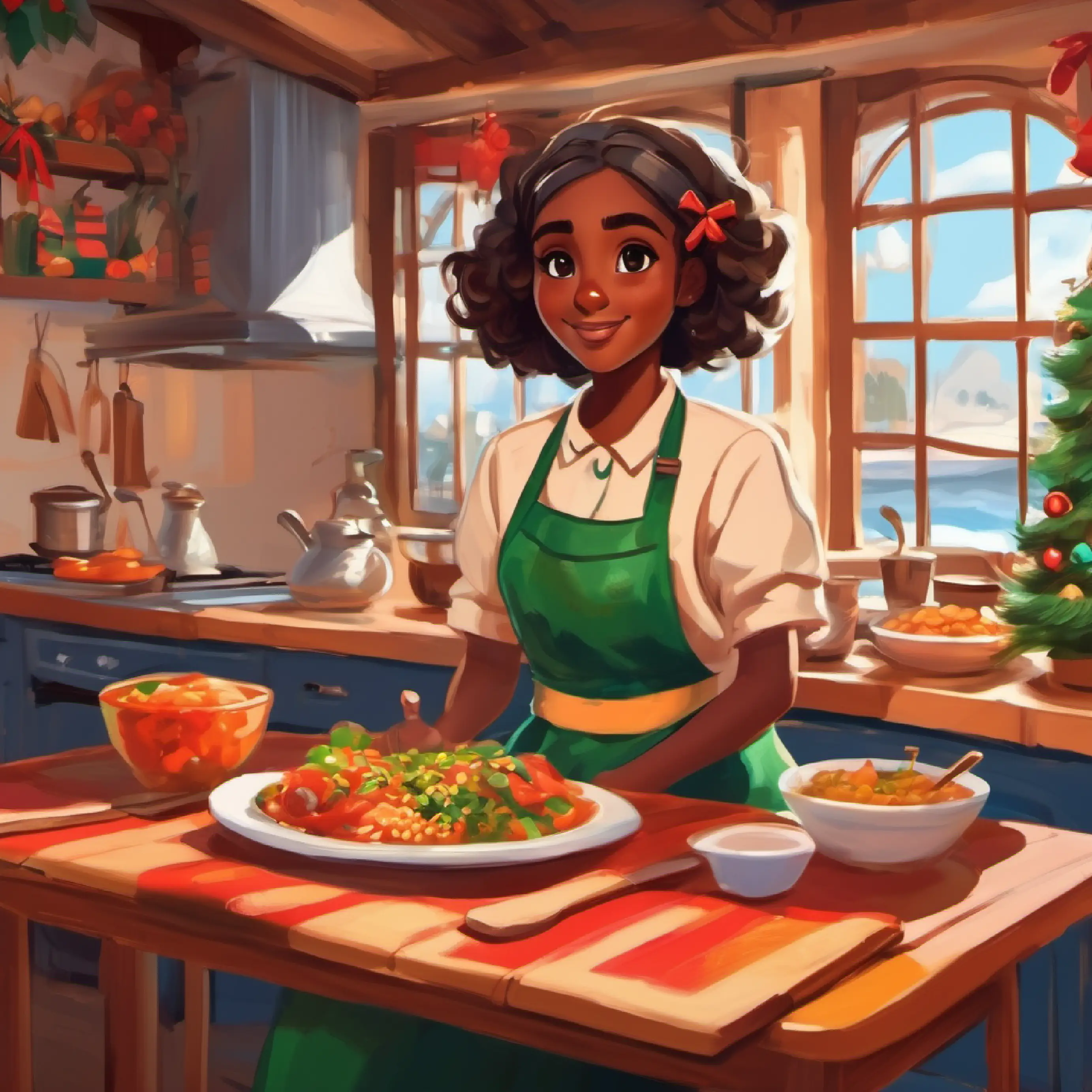 Show Curious girl, brown skin, dark eyes, vibrant apron enjoying various meals.