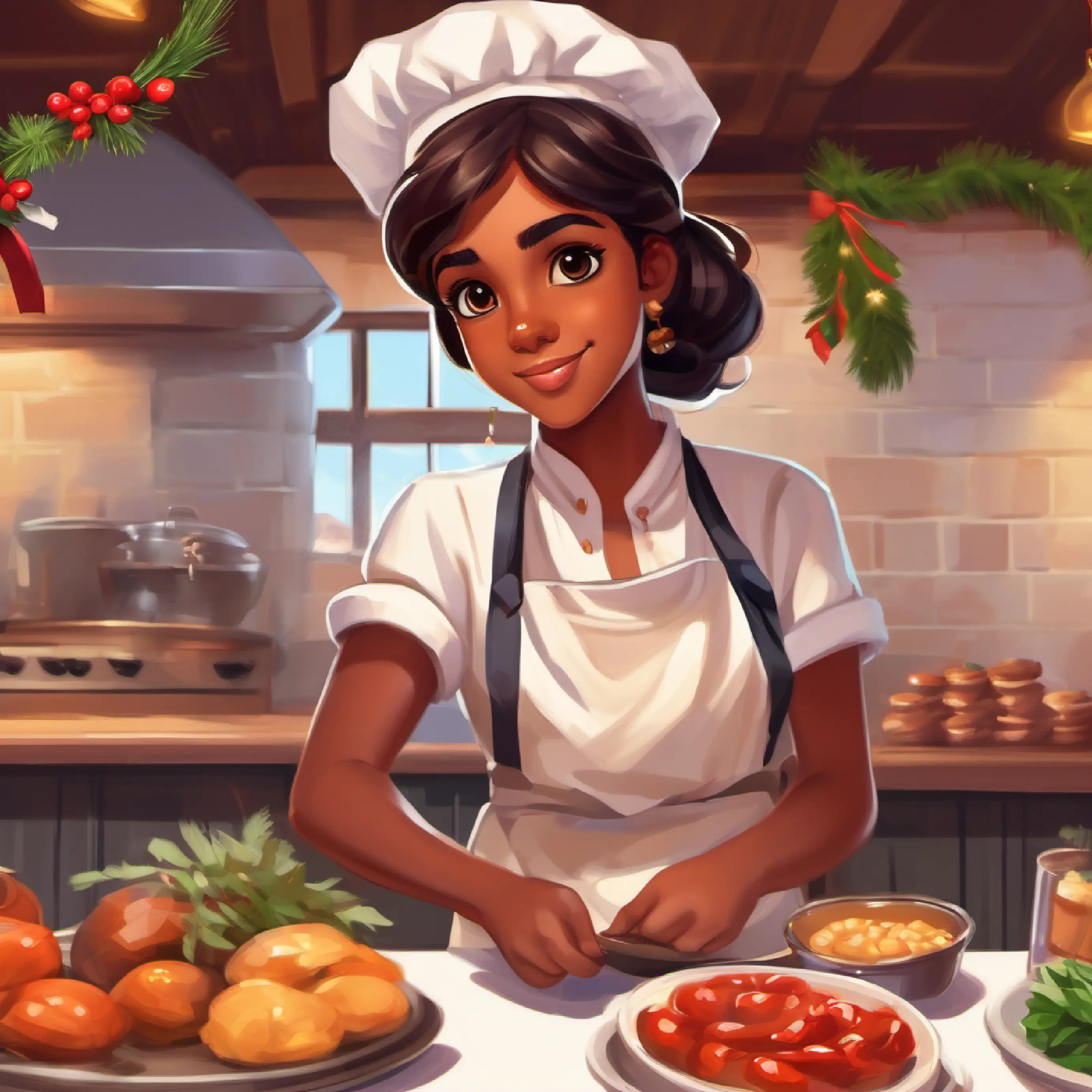 Curious girl, brown skin, dark eyes, vibrant apron and Tall, brown skin, brown eyes, chef's uniform, encouraging scouting locations.