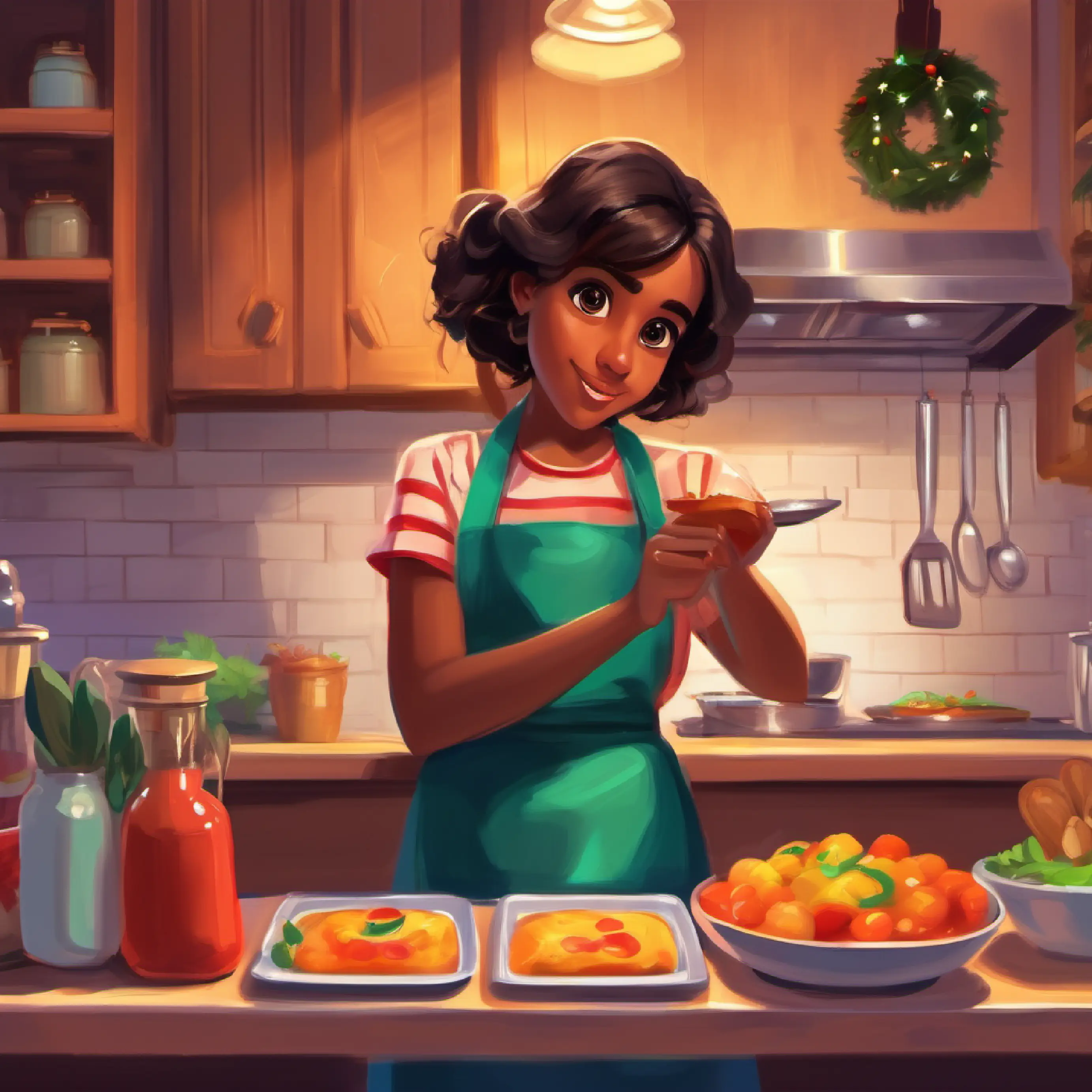 Curious girl, brown skin, dark eyes, vibrant apron assisting Mom, inquiring about food.
